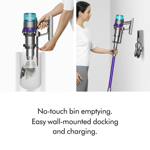 Gen5Detect Cordless Vacuum With 280AW Suction, Three Power Modes, Up To 70 Minutes Runtime shown with bin emptying and wall docking
