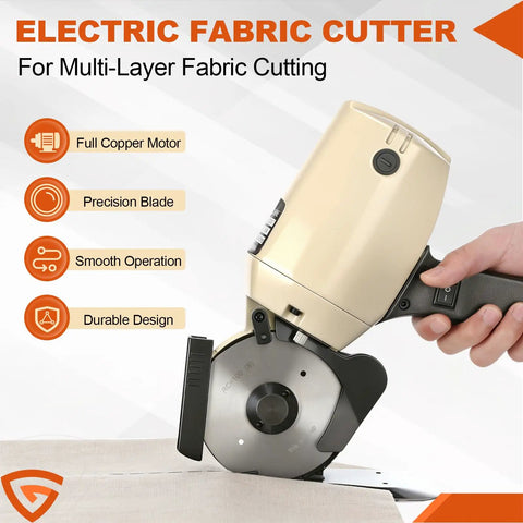 Gearpass 250W Electric Fabric Cutter With Extra 4-Inch Rotary Blade And Auto Sharpener handheld electric cutter in use on fabric.