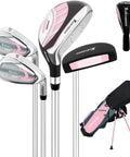 Pink 5 Piece Junior Golf Club Set For Kids Ages Four To Eight With Stand Bag Right Hand Includes Five Pound Hybrid, Six Seven Irons, Nine And Pitching Wedge Irons, And Putter Designed For Easy Swing Learning And Confidence On The Course. Pink shafts.