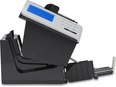 Side view of New 2024 Mixed Denomination Money Counter And Counterfeit Detector For Eight Currencies Reads Any Orientation Totals Value