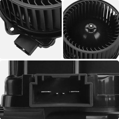 Close-up of Heavy Duty HVAC Blower Motor With Wheel Assembly For Cars And Trucks Plug And Play Cabin Cooling Fan Replacement.