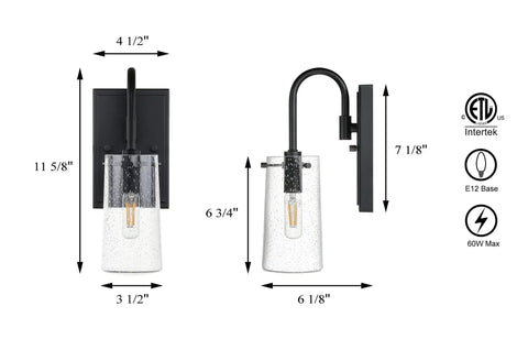 Dimensions and side view of Three Light Vanity Light Fixture In Matte Black With Seeded Glass Shades For Bathroom, Industrial Retro Wall Mount Over Mirror.