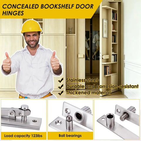Heavy Duty Adjustable Pivot Door Hinge Set Stainless Steel Hidden Hinges For Secret Doors Bookcase Murphy Doors With 360 Degree Rotation Silent Opening Rust Resistant Easy Alignment showcased with features and load capacity.