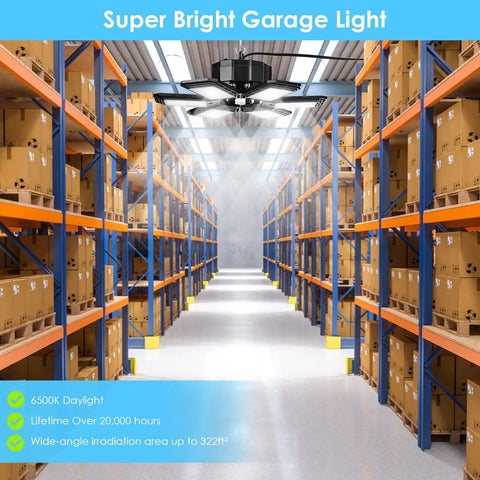 160W Garage LED Light With 6 Adjustable Heads And 180 Degree Coverage Deformable Panel Design in a warehouse