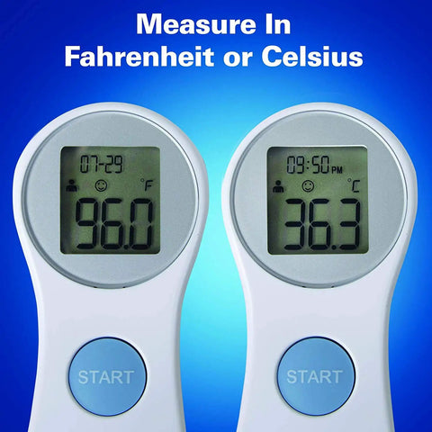 Infrared Forehead Thermometer Digital White No Touch Readout Lightweight Compact Body Temperature Reader For Home Use Quick Reading Safe Pediatric And Adult Temperature Check Battery Powered, shown in Fahrenheit and Celsius
