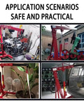 Application scenarios of Heavy Duty 2 Ton Folding Hydraulic Engine Hoist with engines and other objects in different settings.