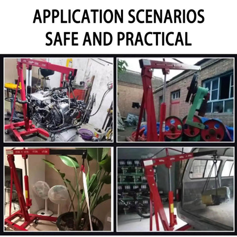 Application scenarios of Heavy Duty 2 Ton Folding Hydraulic Engine Hoist with engines and other objects in different settings.