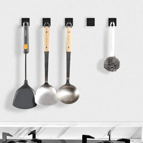 Heavy Duty Adhesive Hooks Black Self Adhesive That Really Grip Holds Towels Coats Keys And More Four Pack Stainless Steel Design For Kitchen Bathroom Home No Drill Needed Ultra Strong Storage Solution displaying kitchen utensils