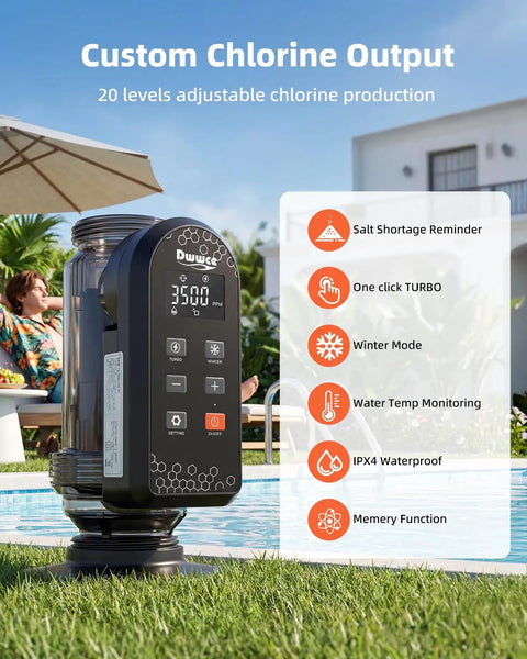 Salt Chlorine Generator for 25000 Gallon Pools With WiFi App Control poolside with custom chlorine output features.