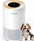 Powerful H13 True HEPA Air Purifier For Large Rooms Up To 1200 Sq Ft With Fragrance Sponge, Timer, And Multi Stage Filter beside puppy