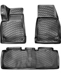 Precision Fit Tesla Model X 5 Seat Floor Mats 2016 To 2024 All Weather TPE in black, detailed footwell liners set.