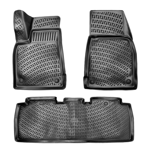 Precision Fit Tesla Model X 5 Seat Floor Mats 2016 To 2024 All Weather TPE in black, detailed footwell liners set.