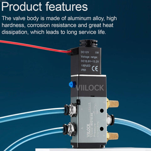 5 Way 2 Position Pneumatic Solenoid Valve, Aluminum Alloy Body, 1/4 Inch NPT Inlet and Outlet, DC 12V Coil, 4V210-08