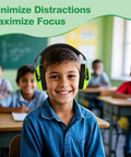 Boy wearing 12 Pack Kids Noise Cancelling Headphones For Ear Protection, sitting in a classroom to minimize distractions.