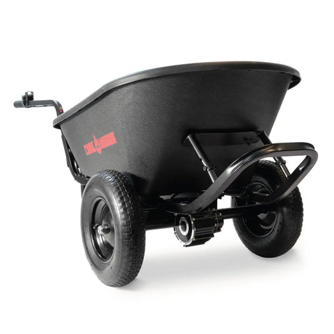 Electric Wheelbarrow Workhorse with 350 lb capacity and 6 cu ft poly tray, 24 volt battery drive, durable steel frame