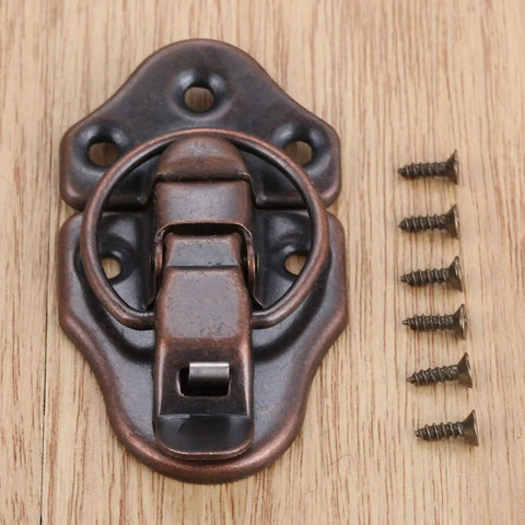Vintage Iron Toggle Hasp Lock for Jewelry Boxes Suitcases Chests and Tool Boxes 68mm x 38mm with Screws on Wooden Surface