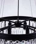 Close-up of Bold Black Drum Polygon Crystal Chandelier, 4 Light Modern Ceiling Fixture With Sleek Matte Black Finish