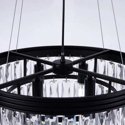 Close-up of Bold Black Drum Polygon Crystal Chandelier, 4 Light Modern Ceiling Fixture With Sleek Matte Black Finish