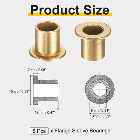 8Pcs Flange Sleeve Bearings 8mm Bore 10mm OD 12mm Length Self Lubricating Sintered Bronze Bushings Diagram