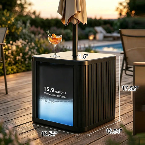 2-In-1 Umbrella Base And Side Table For Outdoor Patio by pool, 16.54 inch, fillable 15 gal water or sand base, fits 1.5 inch pole