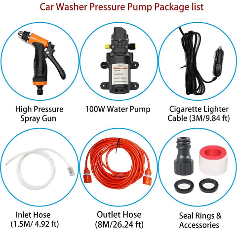 Package list of 12V Portable High Pressure Water Pump Kit For Cars And RVs 100W Mini Electric Pressure Washer Pump