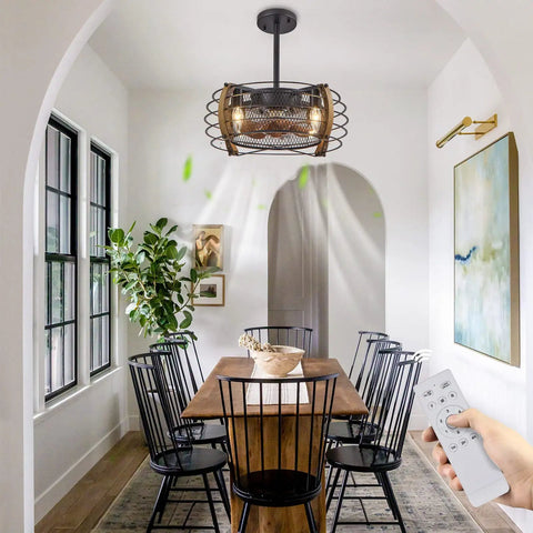 Caged Wood Farmhouse Ceiling Fan With Light And Remote Control Flush Mount Industrial Style in dining room setting.