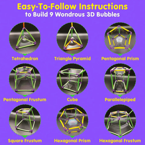 3D Bubble Maker Kit For Kids 8 And Up showing 9 geometric bubble structures including tetrahedron, cube, hexagonal prism, and more