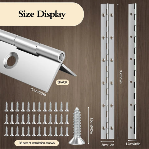 12 Inch Stainless Steel Piano Hinge 3 Pack with Screws, Size Display, Continuous Hinges, Heavy Duty for Cabinets, Boats, Doors