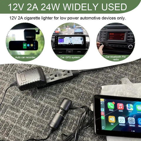 Rugged Ride Ready AC DC Converter Adapter connects to car GPS and audio devices using 12V power supply for vehicle accessories.