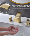 Brushed Gold Bathroom Sink Faucet Eight Inch Widespread With Two Handles Brass Waterfall Lavatory Vanity Faucet Overflow Pop Up Drain Assembly Drip Free Ceramic Cartridge showing water flow