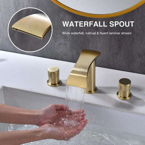 Brushed Gold Bathroom Sink Faucet Eight Inch Widespread With Two Handles Brass Waterfall Lavatory Vanity Faucet Overflow Pop Up Drain Assembly Drip Free Ceramic Cartridge showing water flow