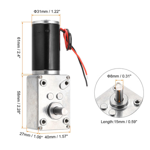 12V DC Reversible Worm Gear Motor With 120 RPM No Load Speed And 50 To 1 Reduction, 8mm D Shape Shaft, side and shaft view