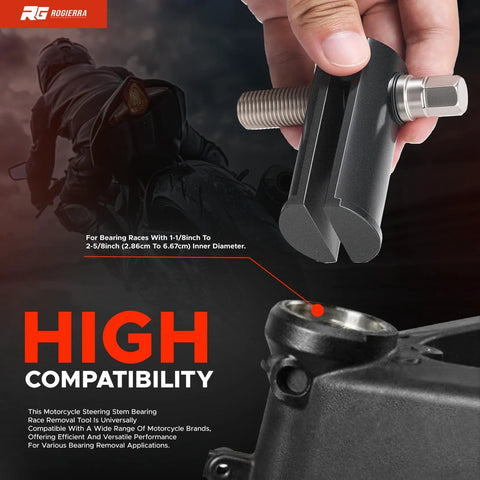 Rogierra motorcycle steering stem bearing race removal tool, metal puller compatible with 1-1/8 to 2-5/8 in ID races.