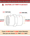 Diagram of Two Pack Brass Pipe Fittings 1/2 NPT Female To 1/4 NPT Female Coupler including inner diameter sizes.