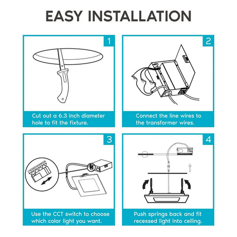 Installation guide for Smooth Six Inch Square Led Recessed Lighting Kit With Easy Tuneable Color Switch Ultra Thin Ceiling Fixtures 16 Pack.