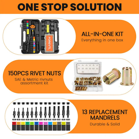 Rivet Nut Tool Kit 16 Inch With 13 Mandrels And 150 Rivnuts, Manual Nutsert Tool For DIY Auto And Metal Repairs, Includes Metric And SAE Mandrels, Wrench, Case, And Full Accessory Set displayed in open black case.