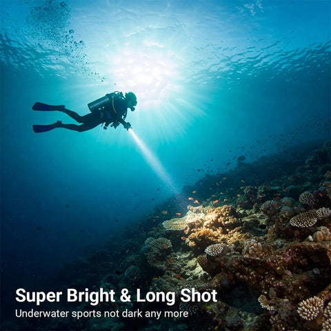 Scuba diver using Beast Mode Underwater Dive Flashlight With 2000 Lumens, 873 Ft Beam, illuminating coral reef, depth visibility