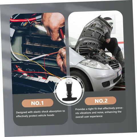 Side-by-side images of electronics and a car repair with Sturdy Rubber Toolbox Latches And Flexible T Handle Hood Lock Kit for ATV, boat, truck.