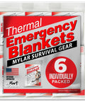 Six Pack Emergency Mylar Blankets for Survival Gear and Outdoor Kits packaging with reflective aluminum foil.