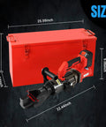 Loschen Cordless Electric Rebar Bender For DIY Pros shown next to measuring dimensions, dimensions displayed for easy reference.
