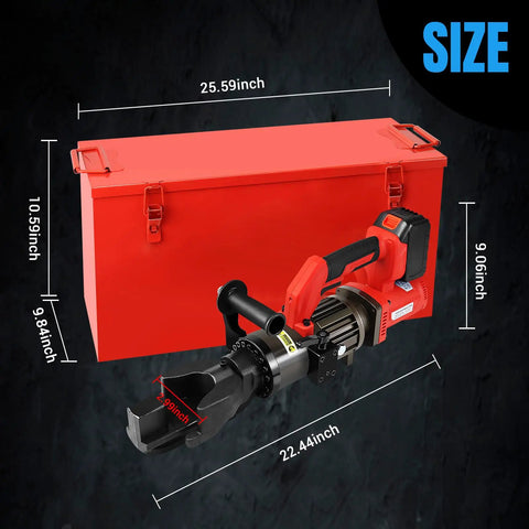 Loschen Cordless Electric Rebar Bender For DIY Pros shown next to measuring dimensions, dimensions displayed for easy reference.