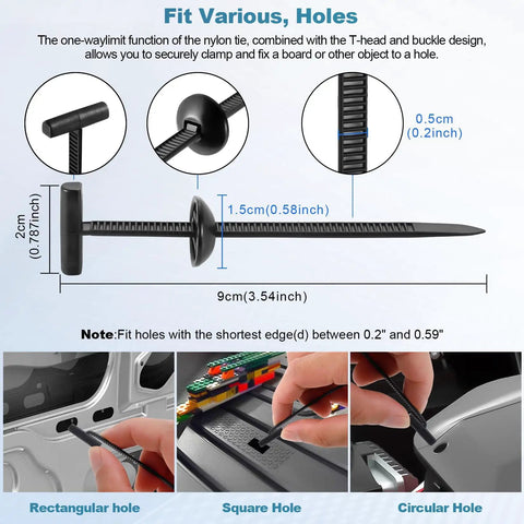 Diagram showing 2nd Gen Nylon Universal Cable Ties Buckle Kit 100 Pieces Heavy Duty Self-Locking Zip Ties With Pin And Button UV-Resistant Auto Repair Fasteners for wiring through various hole shapes.