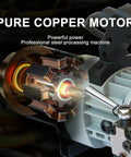 Powerful 1800W Electric Hydraulic Rebar Bender With Rapid 10 Second Bending Speed For Steel Bars And Rods Between 8Mm To 32Mm Capacity Featuring Pressure Relief Handle Design For Easy One Hand Operation On Construction Projects and DIY Jobs With Sturdy motor close-up showcasing pure copper components.