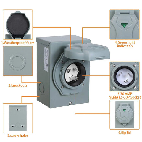 30 Amp Generator Power Inlet Box NEMA L5-30P For Outdoor Receptacle Weatherproof With Indicator Light ETL Listed details view
