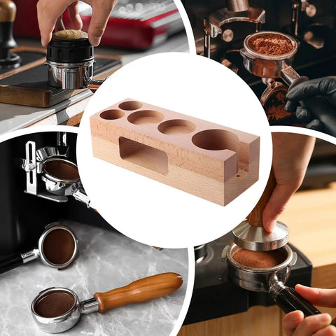 Upgrade Your Home Cafe Setup With This Durable Natural Wood Espresso Tamper Station featuring a 58mm holder and smart pockets.