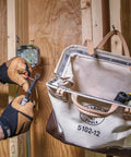 Heavy Duty Natural Canvas Tool Bag Tote With Wide Hinged Opening And Leather Handles, 12 Inch Multi Purpose Tool Carrier