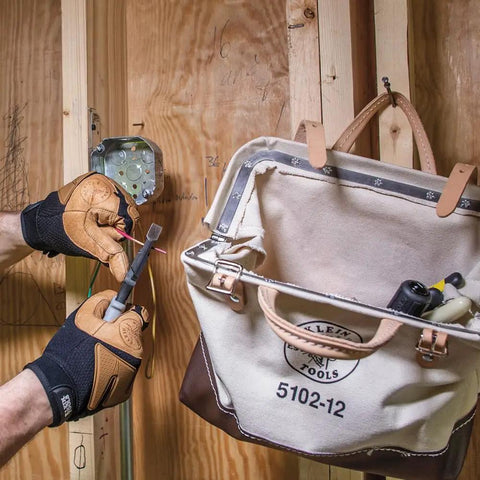 Heavy Duty Natural Canvas Tool Bag Tote With Wide Hinged Opening And Leather Handles, 12 Inch Multi Purpose Tool Carrier