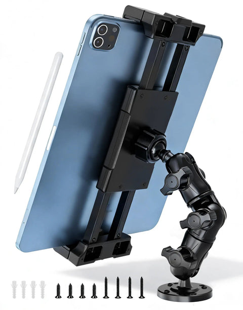 Heavy Duty Drill Base Tablet Mount Built Like A Tank Truck Dashboard Holder with flexible arm and screws for installation.
