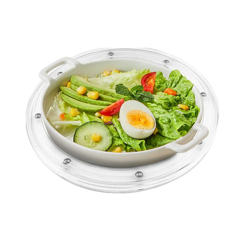 2 Pack Super Slick Acrylic Turntable Platter 6 Inch with salad in a white dish on a clear rotating base.