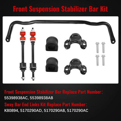 Ram 1500 Front Suspension Stabilizer Bar Set With Sway Bar End Links And Bushings For 2009 To 2018 Dodge Ram And 2019 To 2022 Ram 1500 Classic Replaces K80894 55398938AC AB, black steel bar, links, bushings